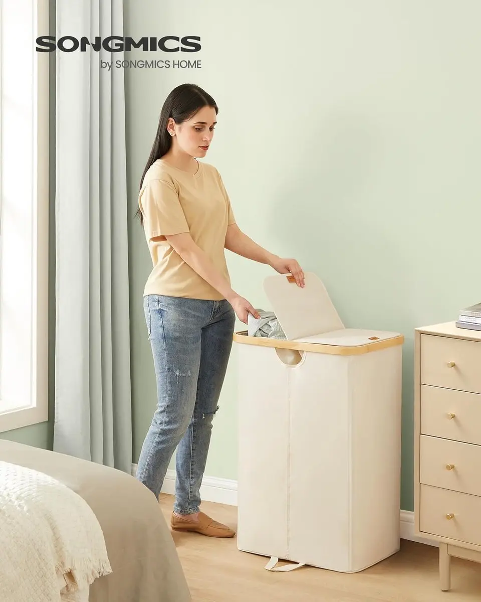 Songmics Wasmand 2 Compartimenten 150L - LCB523W01 - Crèmewit/Beige - afbeelding 6 van 6