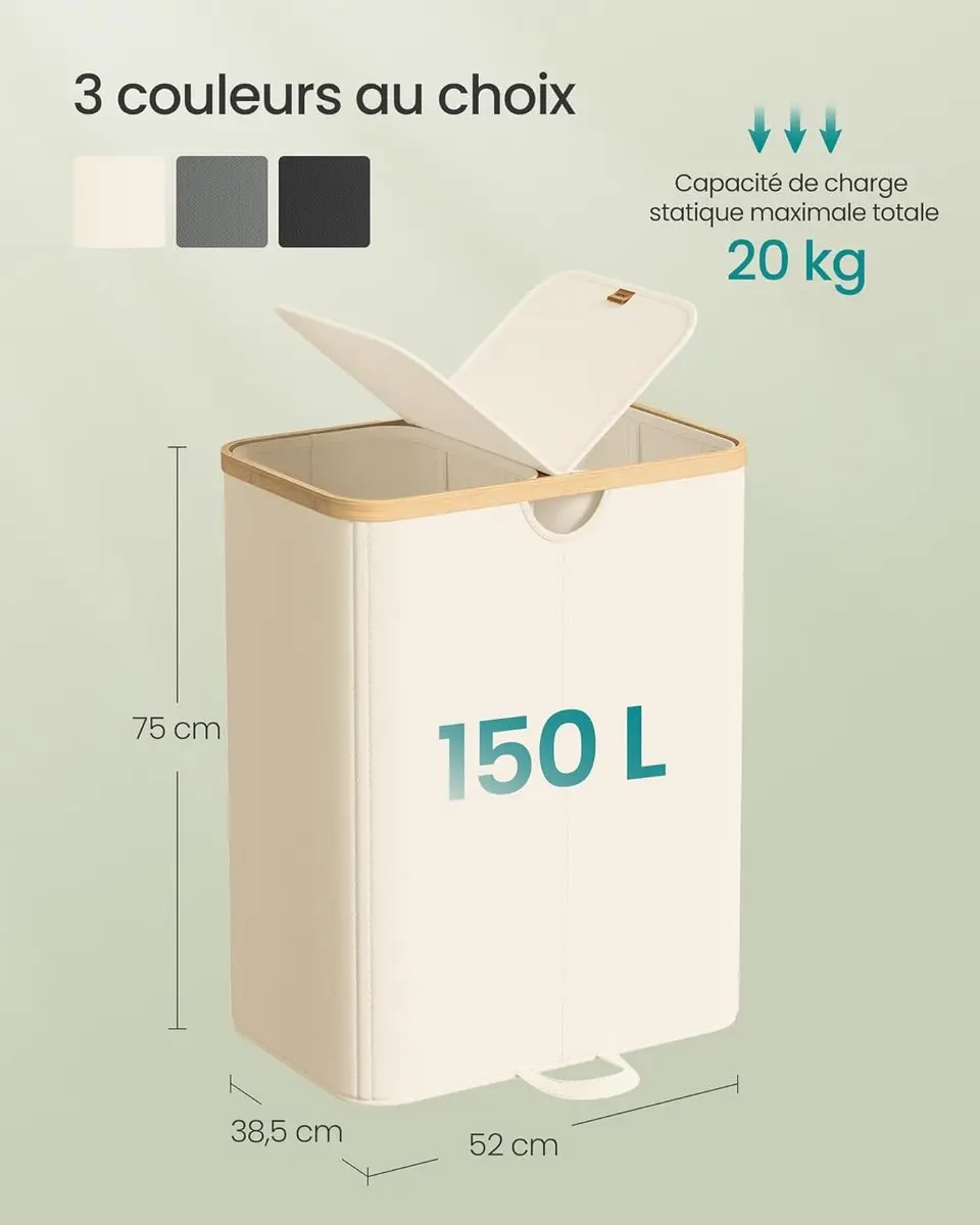 Songmics Wasmand 2 Compartimenten 150L - LCB523W01 - Crèmewit/Beige