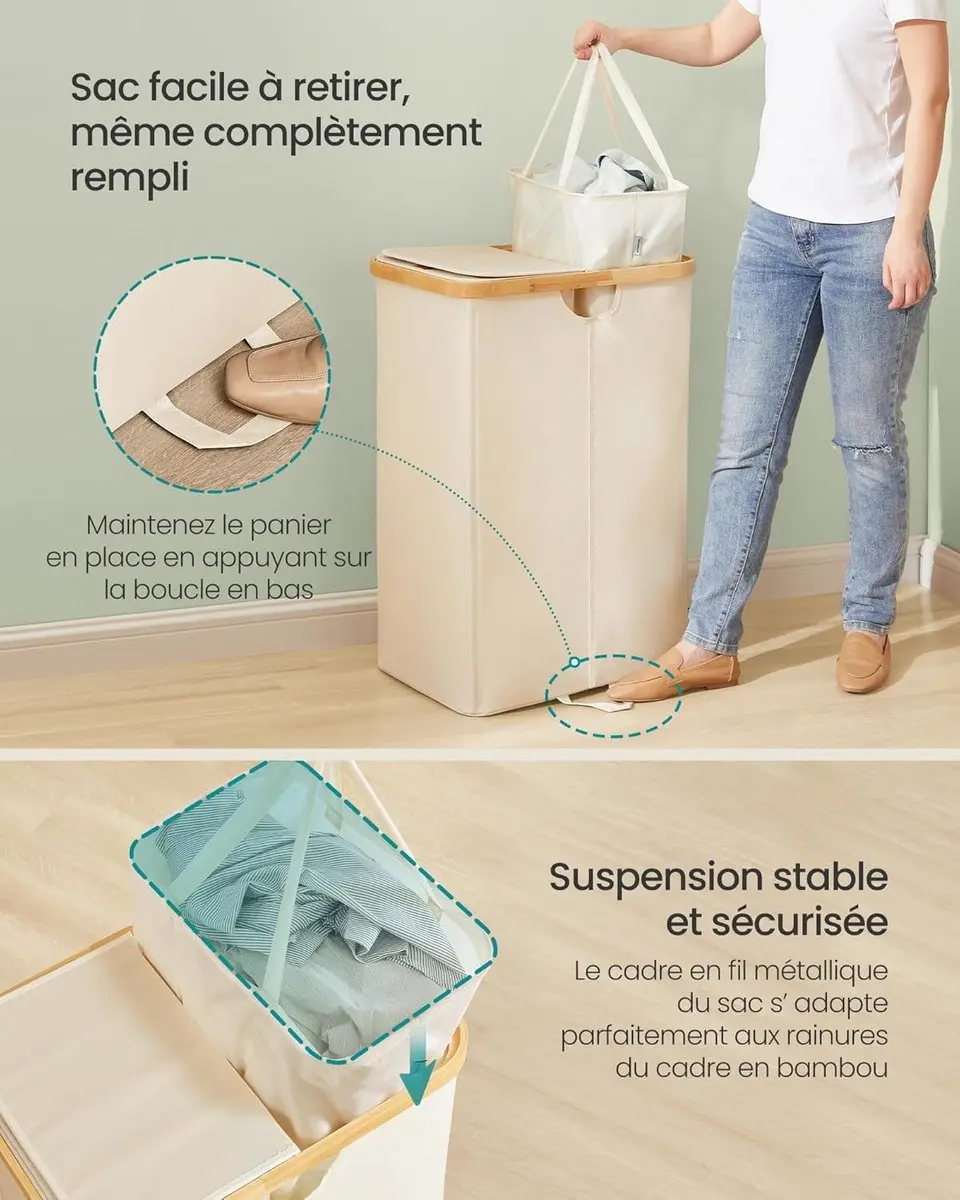 Songmics Wasmand 2 Compartimenten 150L - LCB523W01 - Crèmewit/Beige