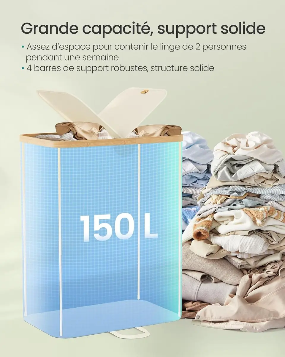 Songmics Wasmand 2 Compartimenten 150L - LCB523W01 - Crèmewit/Beige