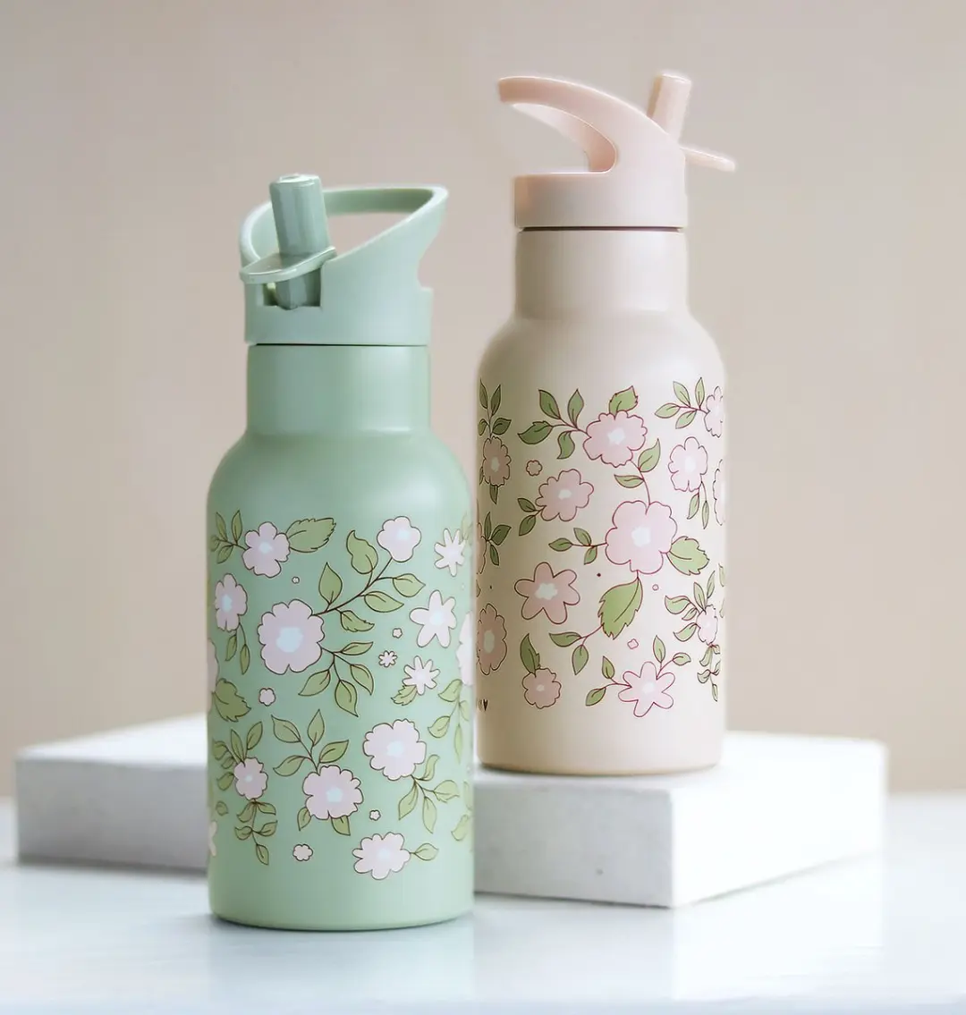 A Little Lovely Company Dubbelwandige RVS Drinkfles Bloesems Saliegroen - afbeelding 6 van 6