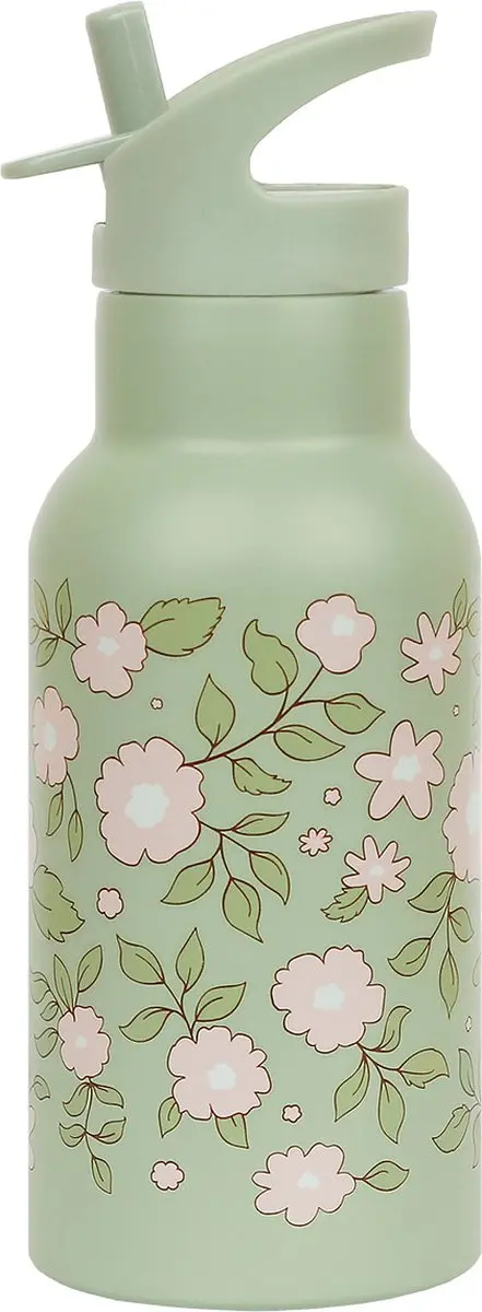 A Little Lovely Company Dubbelwandige RVS Drinkfles Bloesems Saliegroen