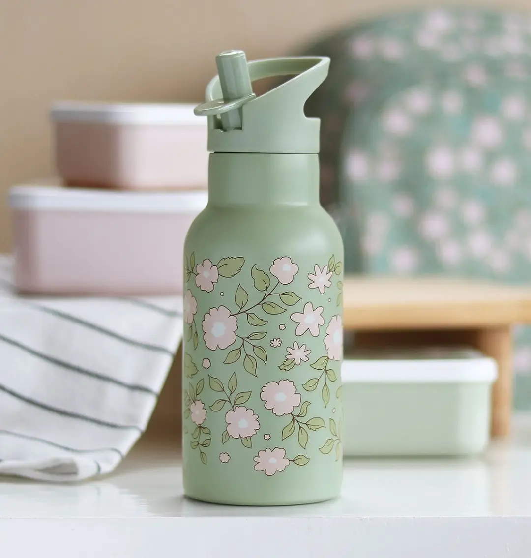 A Little Lovely Company Dubbelwandige RVS Drinkfles Bloesems Saliegroen - afbeelding 5 van 6