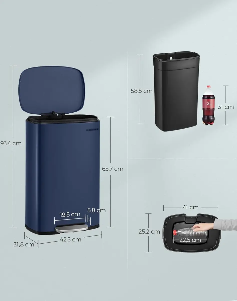 Songmics Vuilnisemmer 50L - Softclose Pedaal - Staal - Blauw
