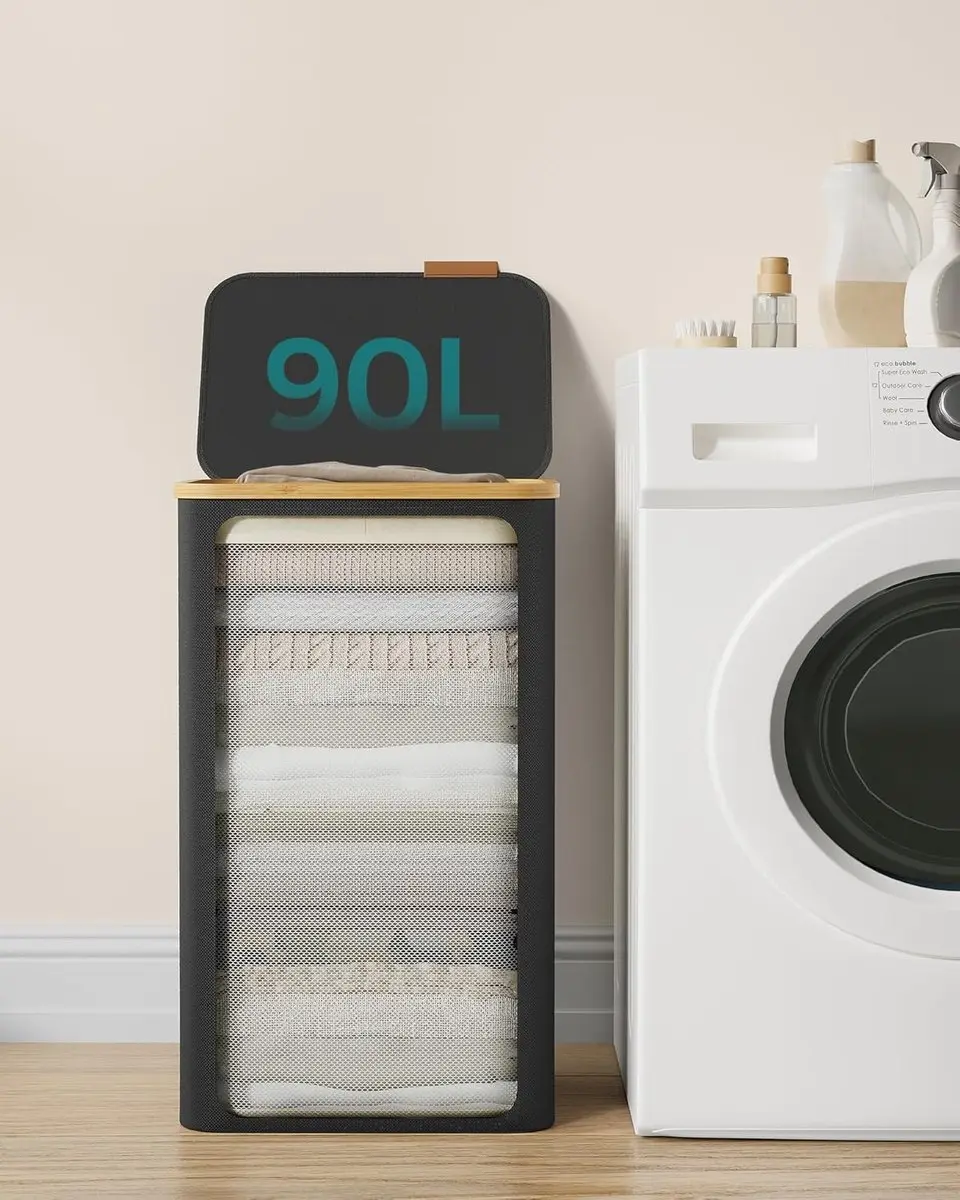 Songmics Wasmand met deksel 90L - Inktzwart LCB509B01