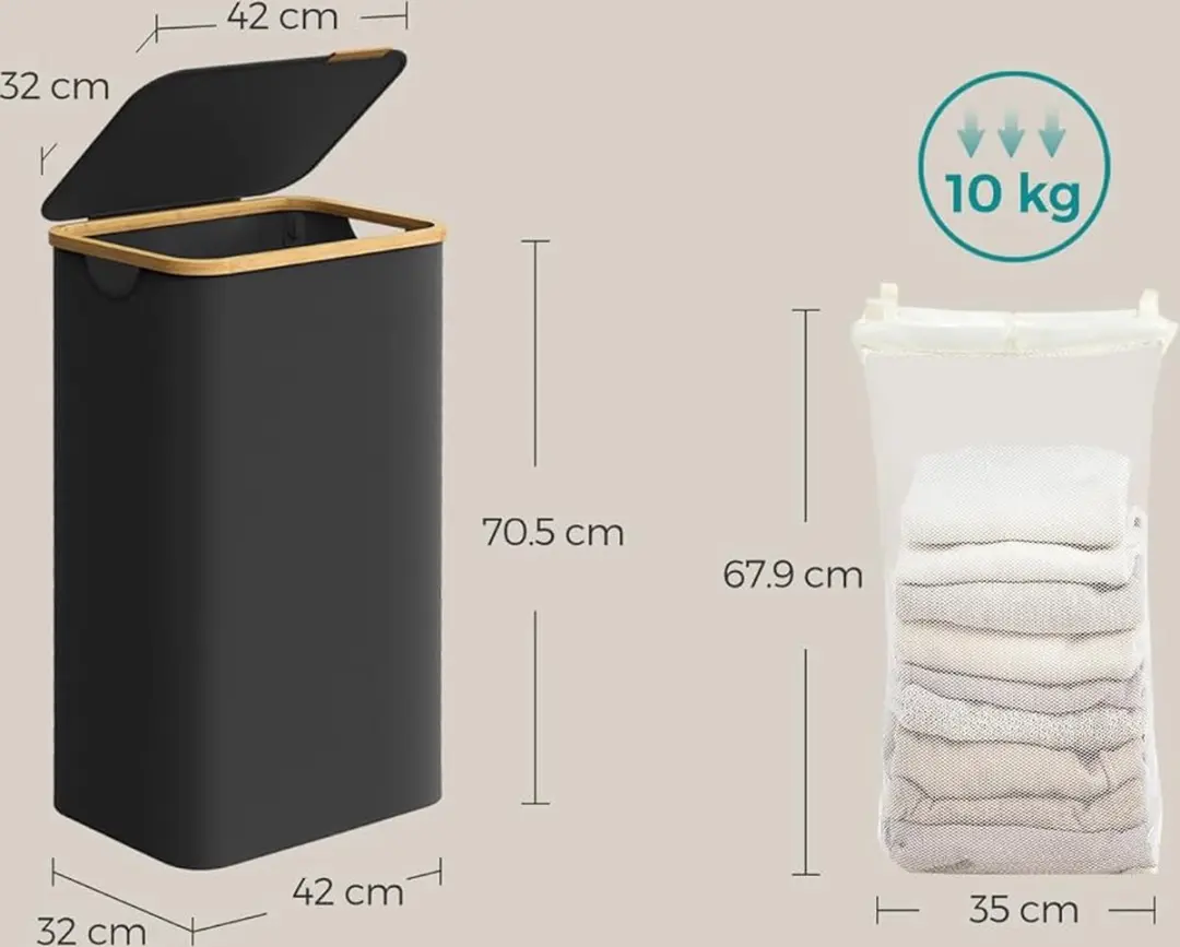 Songmics Wasmand met deksel 90L - Inktzwart LCB509B01
