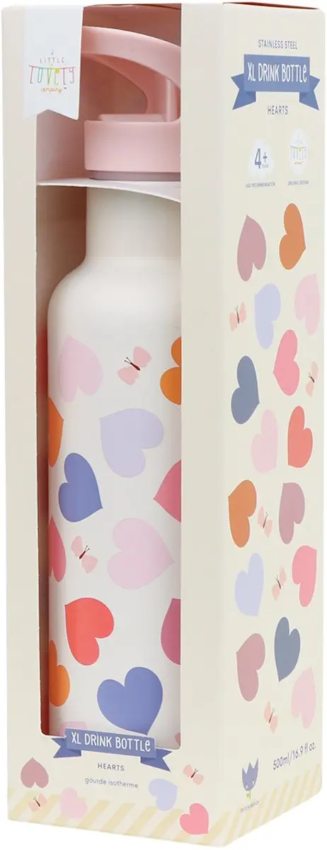 A Little Lovely Company XL Dubbelwandige RVS Drinkfles Hartjes