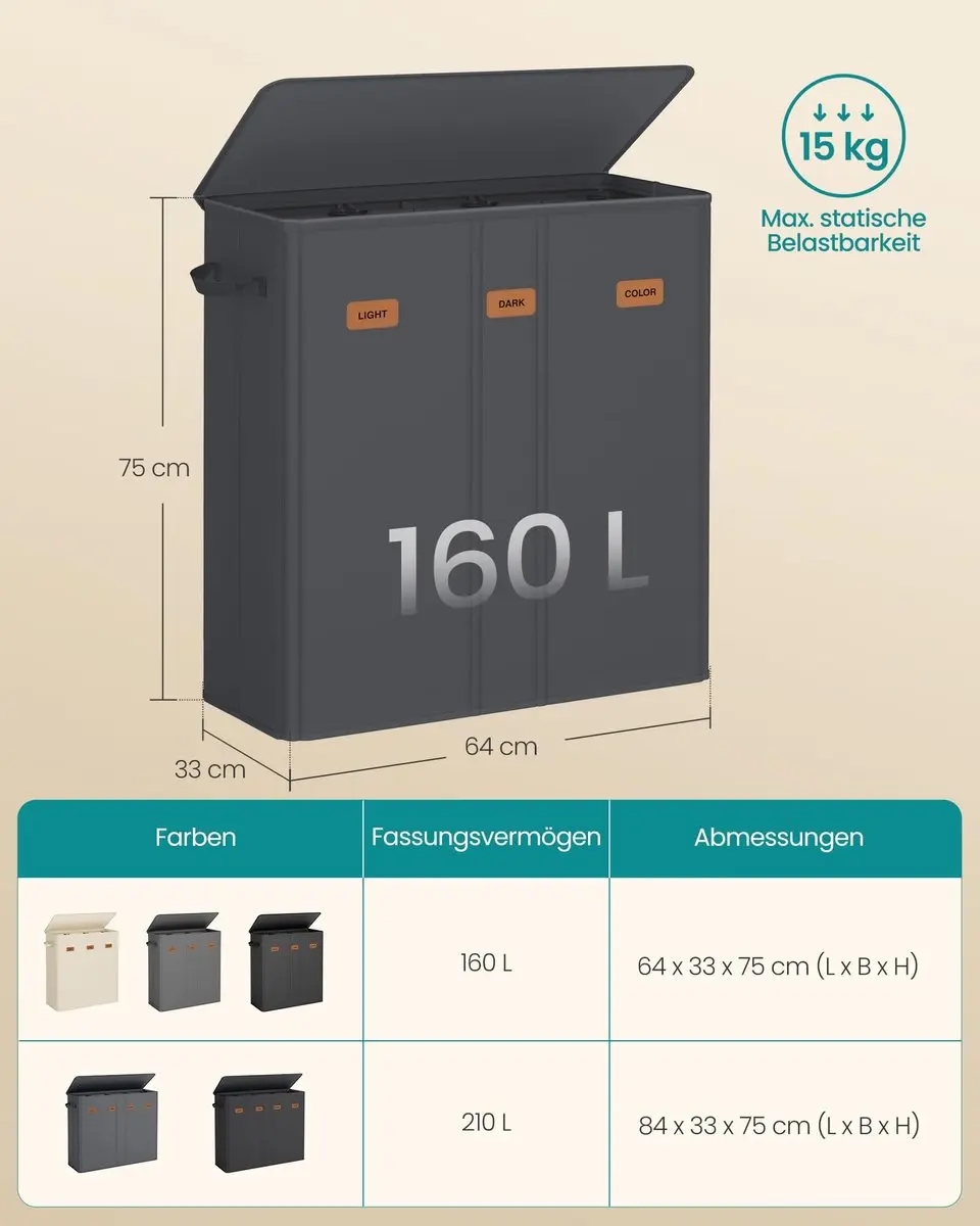 Songmics Wasmand 3 Compartimenten Grijs