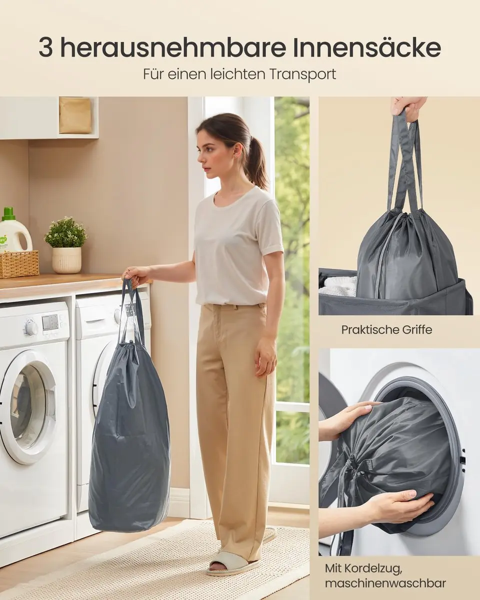 Songmics Wasmand 3 Compartimenten Grijs - afbeelding 6 van 6