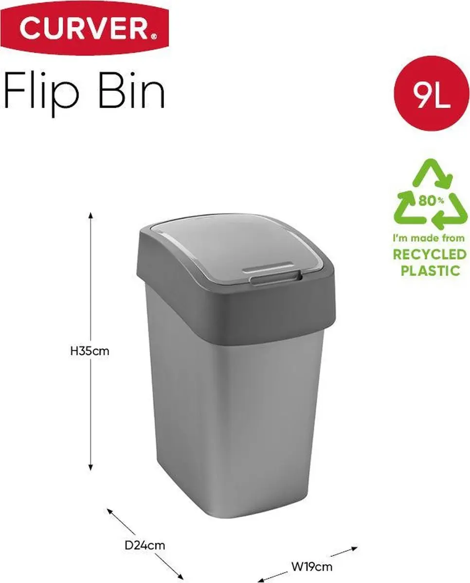 Curver Flip Bin Afvalbak 10L - Zilver/Antraciet