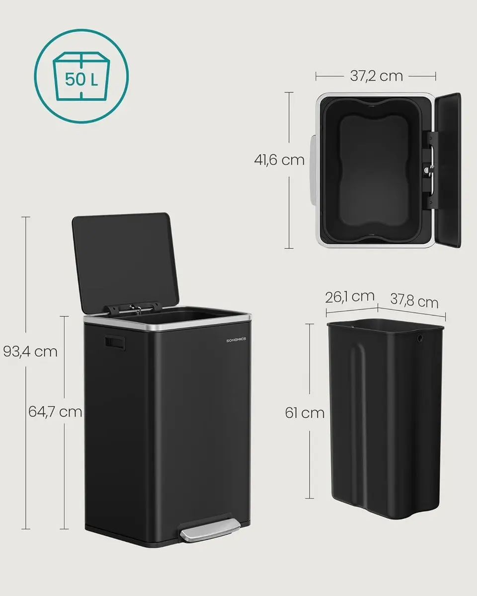 Songmics LTB595B02 Prullenbak 50L - Zwart - 15 Zakken