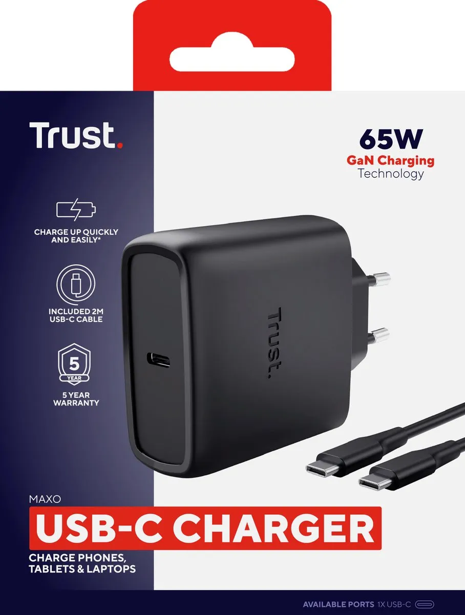 Trust Maxo 65W GaN USB-C Oplader 25523 - Zwart
