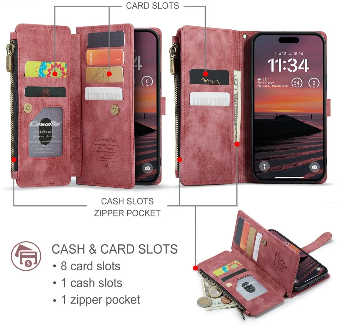 CaseMe C30 Book Case iPhone 17 Pro Hoesje - Rood - 10 Pasjes