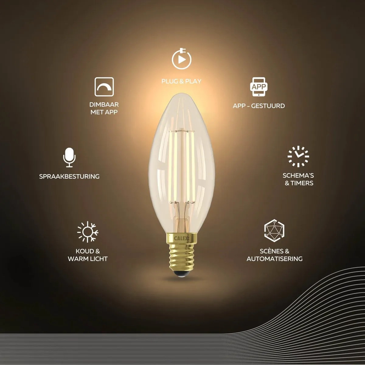 Calex Smart LED Kaarslampen Set - 5x E14 Goud - 4,9W Warm Wit - afbeelding 6 van 6