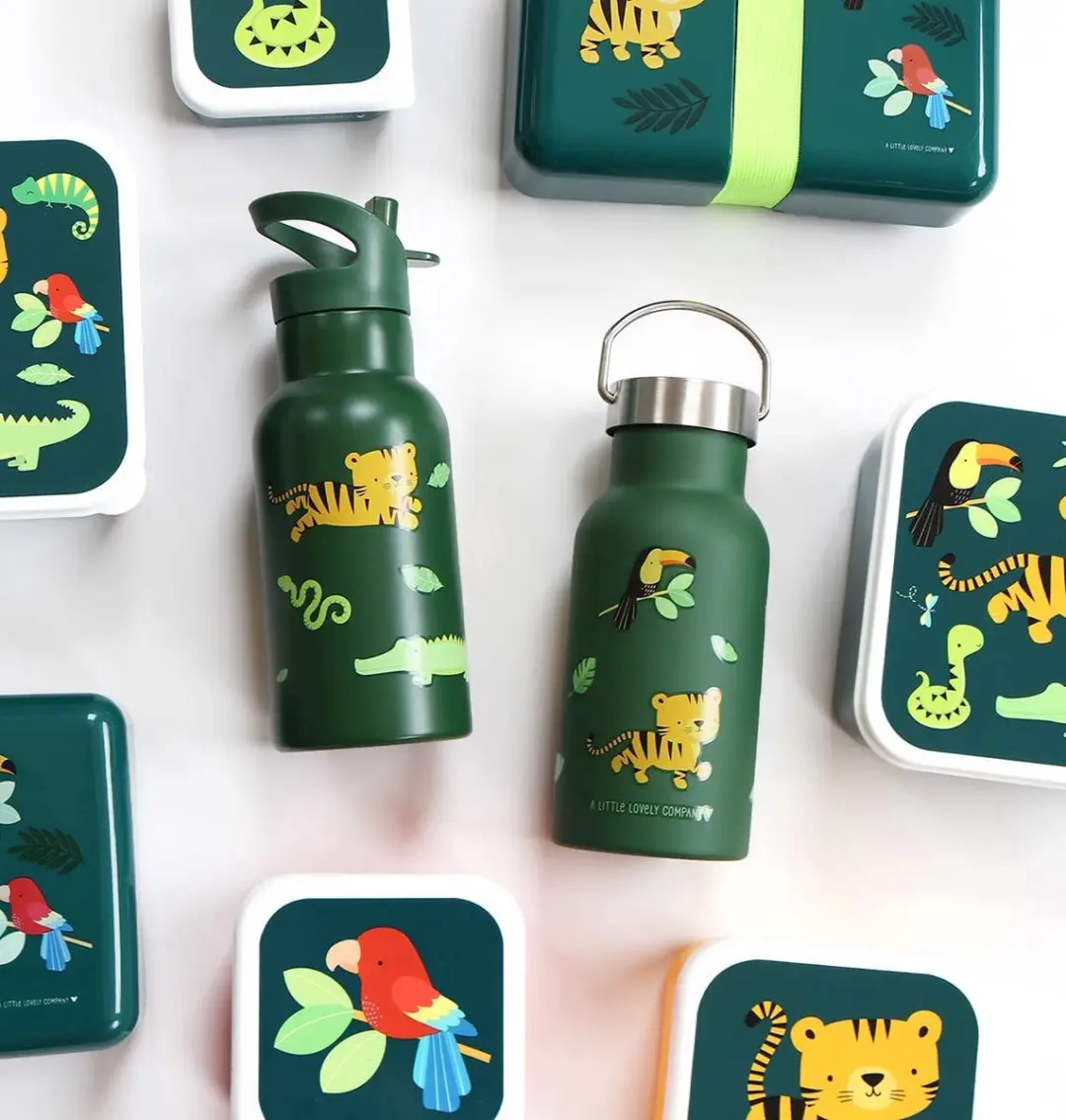 A Little Lovely Company Back to School Set - Drinkfles & Lunchbox - 4 Snackdozen - Jungle Tijger Rood