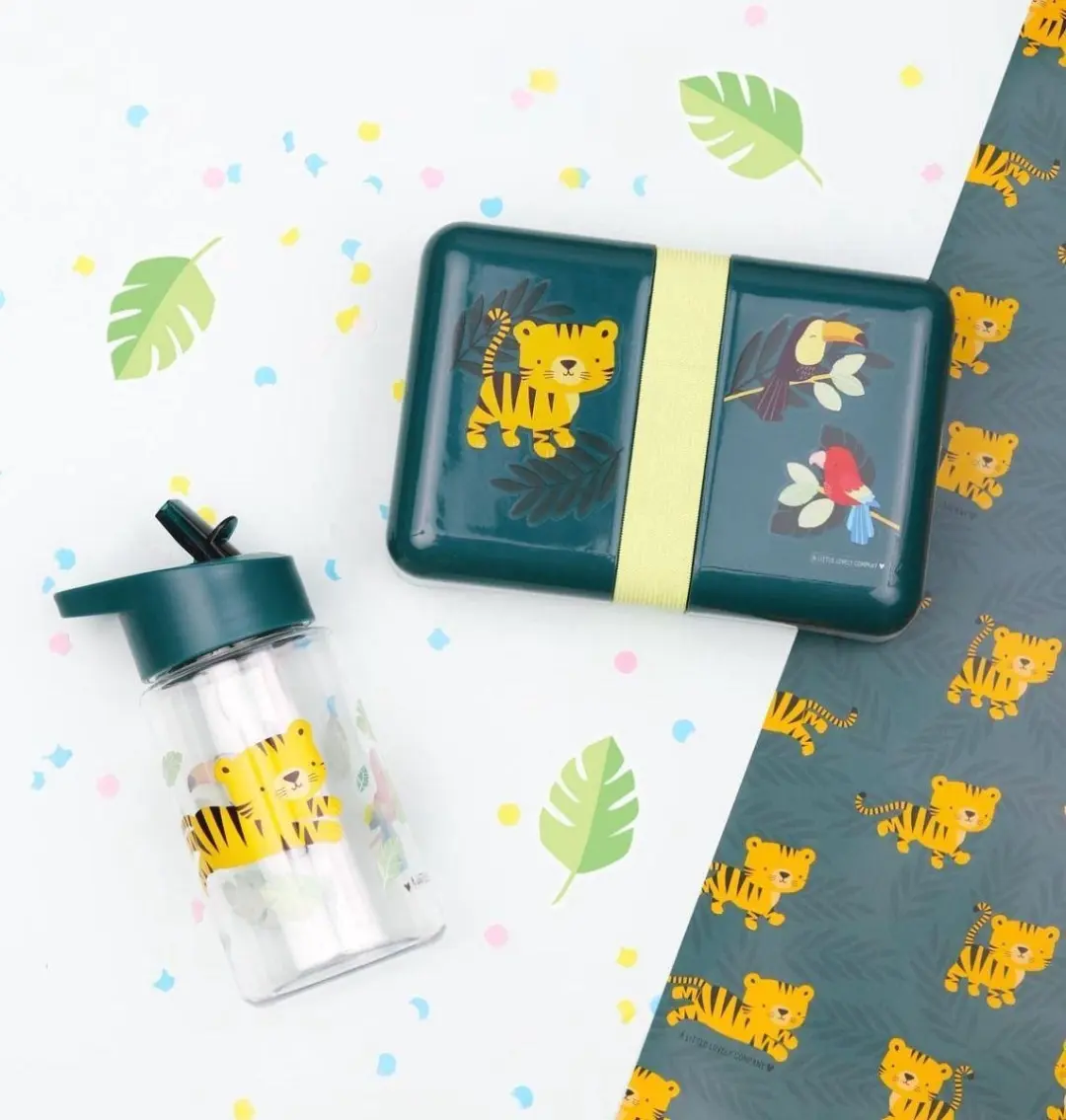 A Little Lovely Company Back to School Set - Drinkfles & Lunchbox - 4 Snackdozen - Jungle Tijger Rood