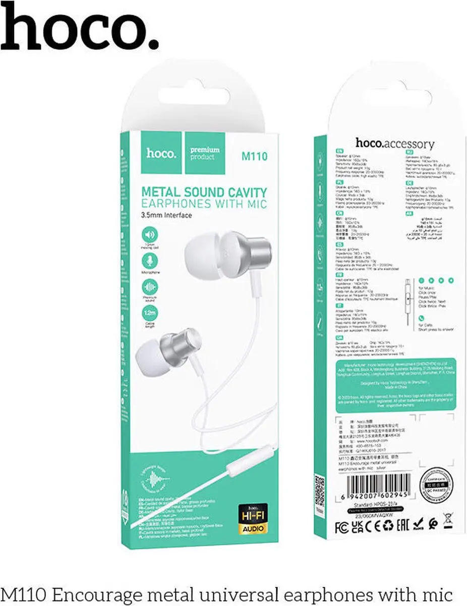 Hoco M110 Bedrade In-Ear Oordopjes - Zilver
