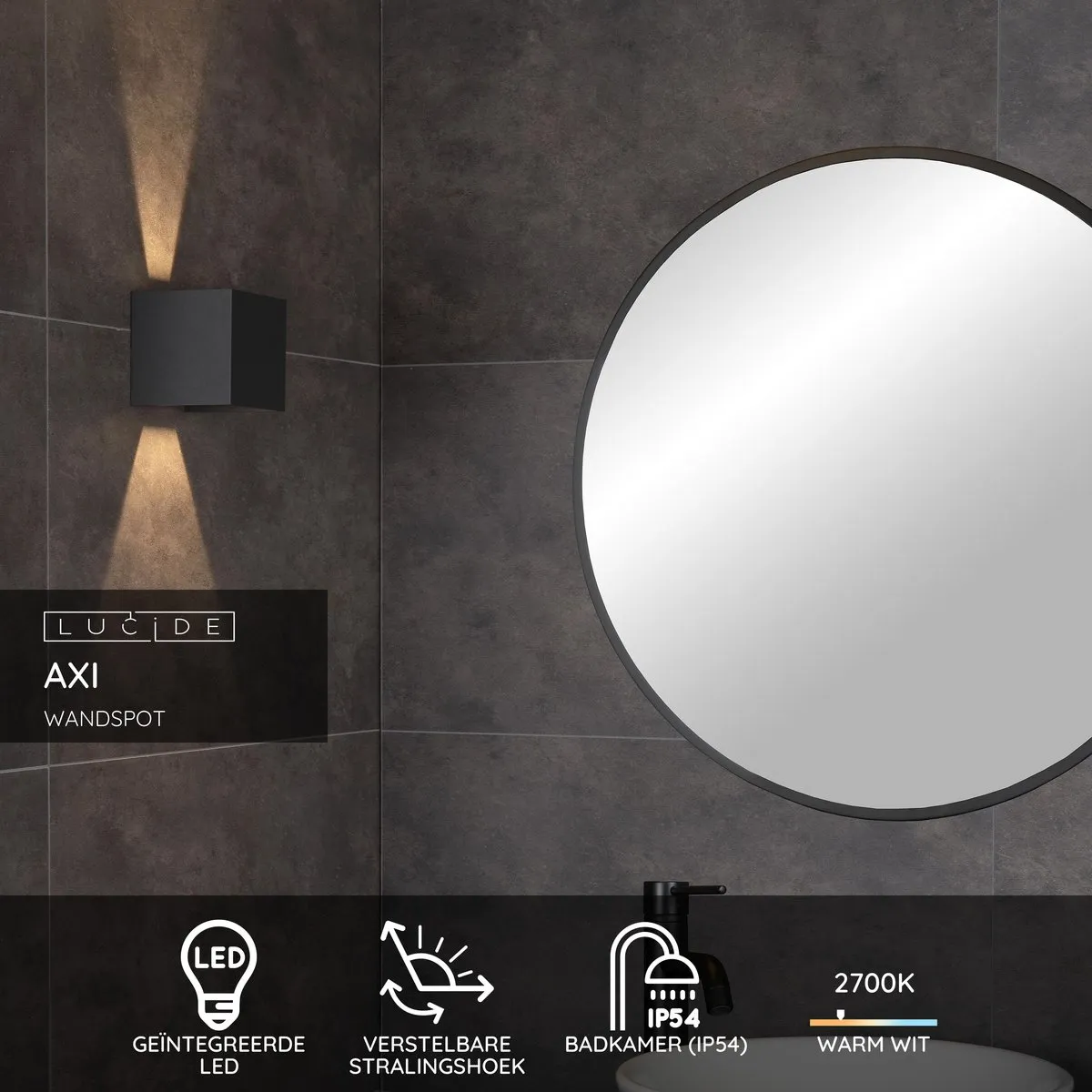 Lucide AXI Wandspot Badkamer - 2x7W 2700K IP54 - Zwart