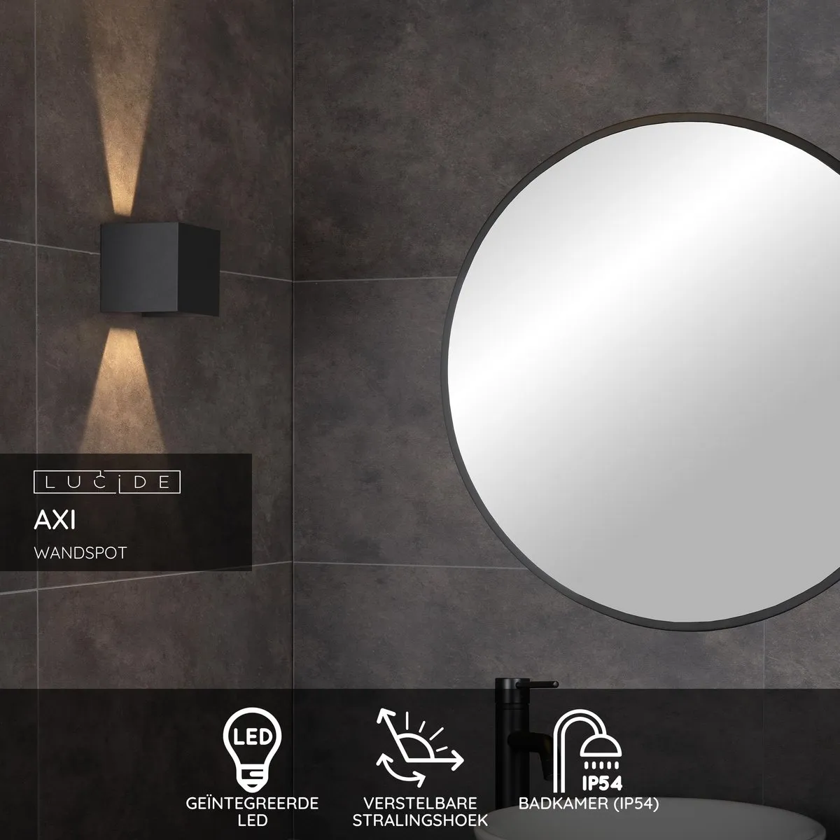 Lucide AXI Wandspot Badkamer - 2x7W 2700K IP54 - Zwart