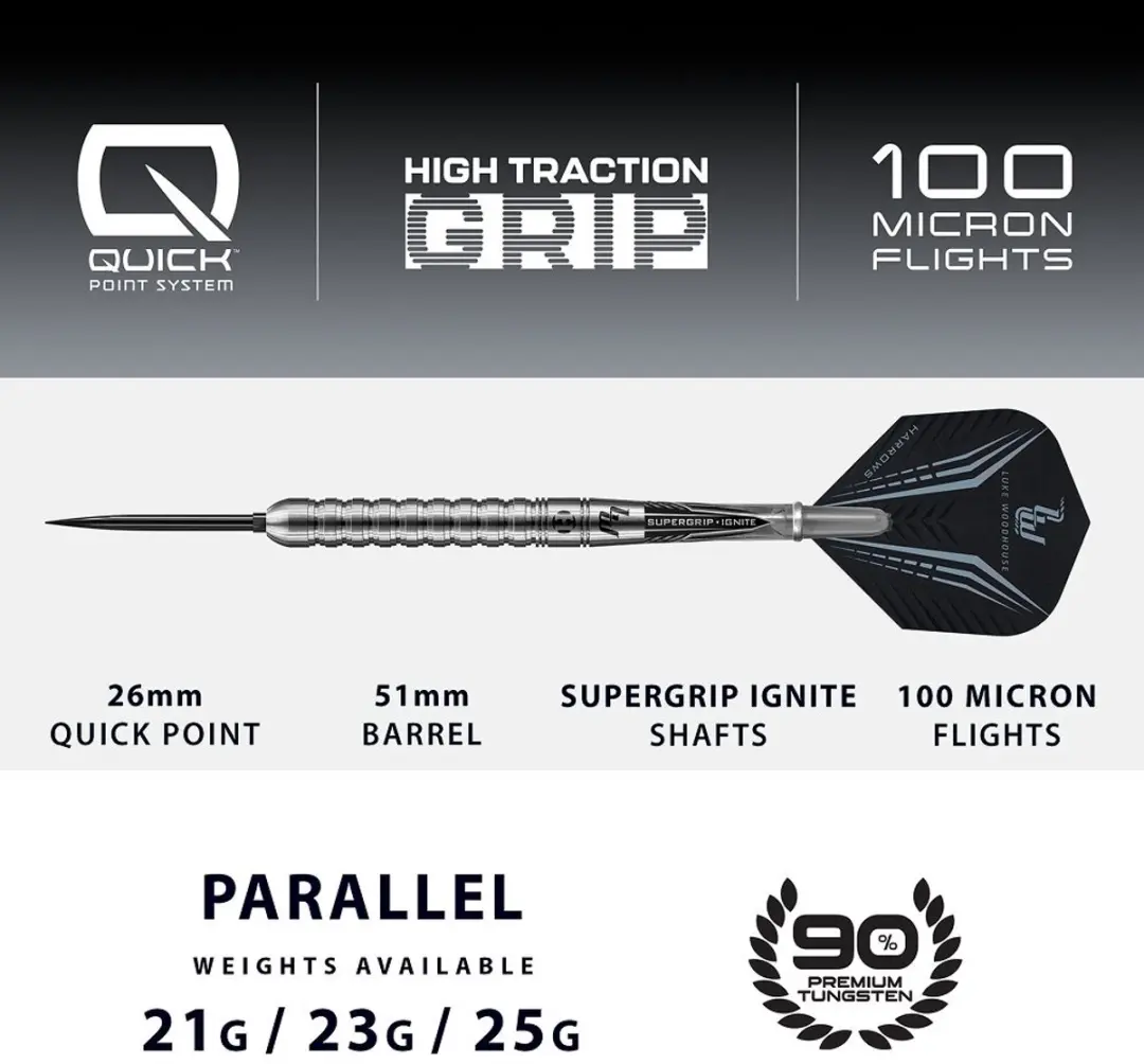 Harrows Luke Woodhouse 90% Tungsten 21GR Darts - 3 Stuks - Zilver