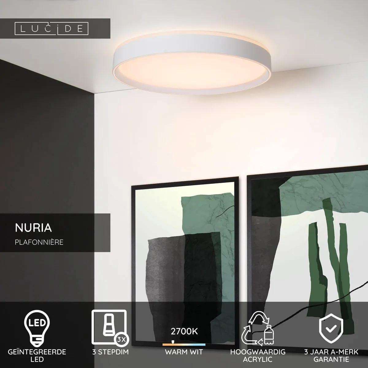 Lucide NURIA Plafondlamp Ø50cm - LED 3 StepDim 2700K - Wit