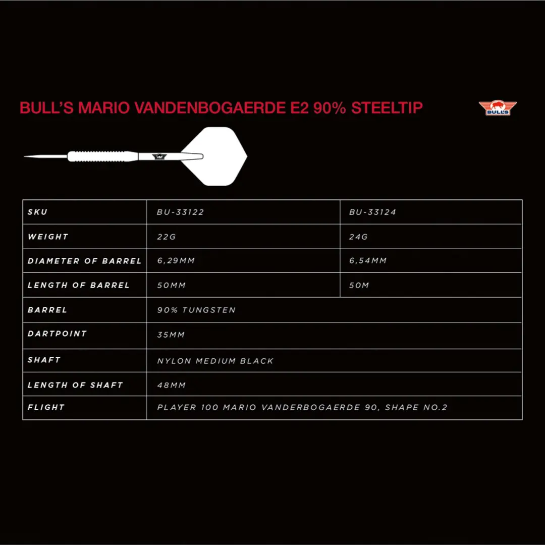 Bull's Mario Vandenbogaerde E2 Dartpijlen 22g - 90% Tungsten - 3 Stuks