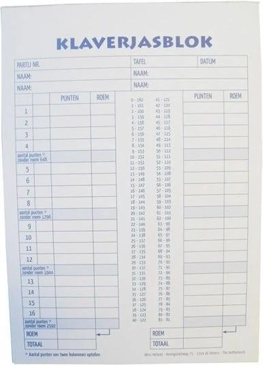 VDM Scoreblok Klaverjassen A5 KU620