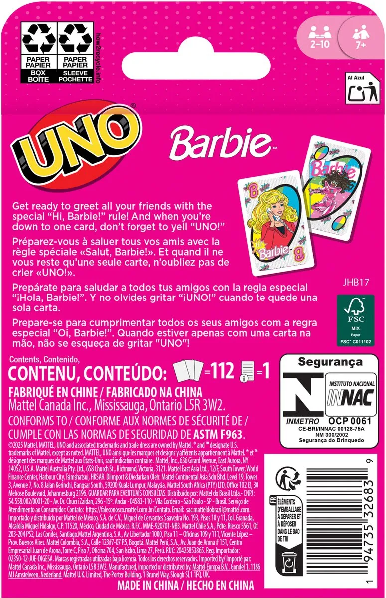 Mattel UNO Barbie Kaartspel - 2-10 Spelers