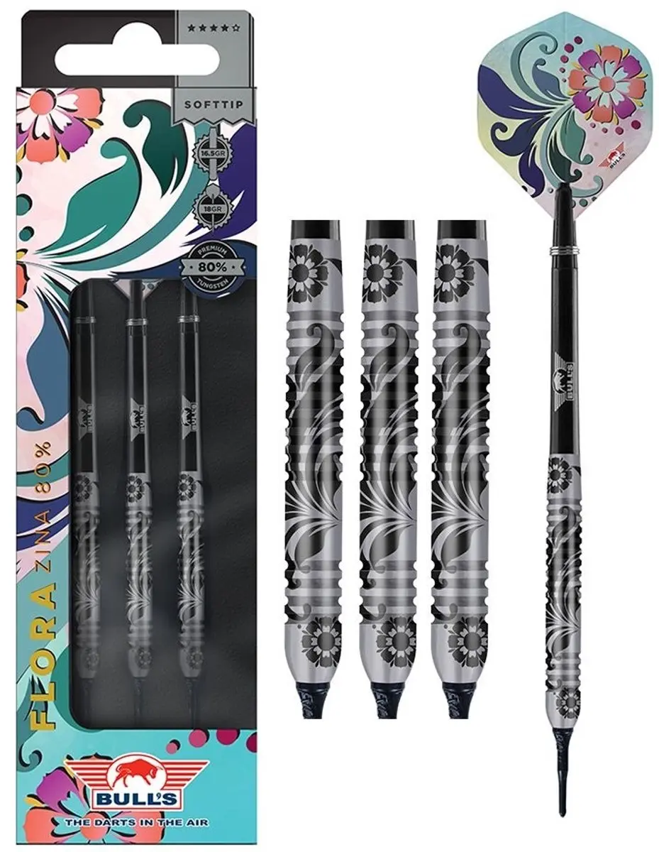 Bull's Flora Zina Softtip Dartpijlen 18g - 3 Stuks - Zilver/Zwart
