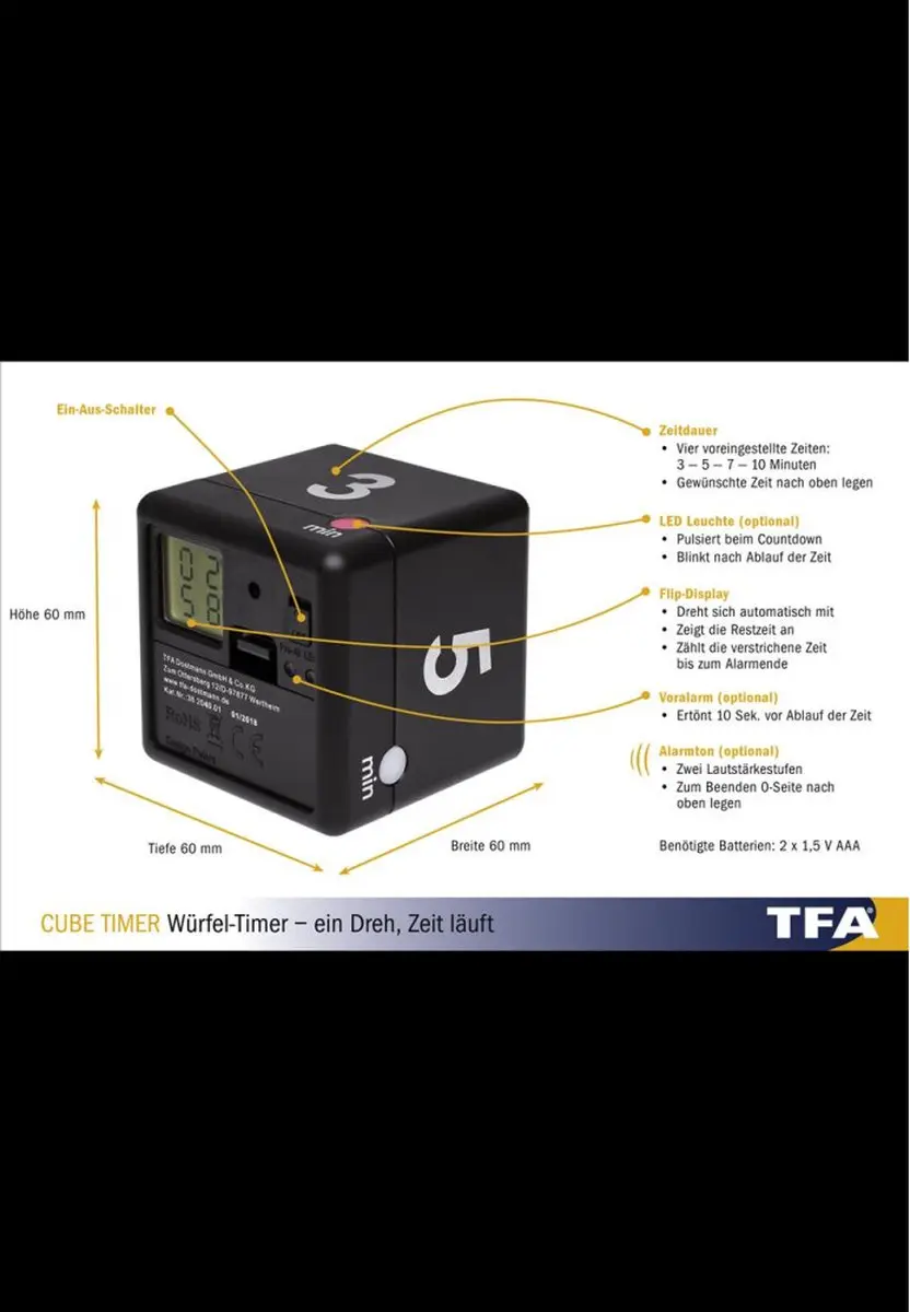 TFA Dostmann Timer Cube Digitaal - Zwart - afbeelding 6 van 6