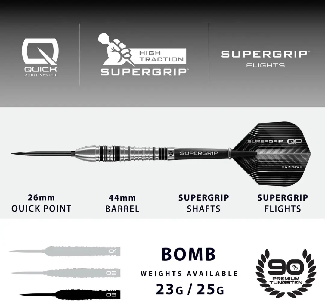 Harrows Supergrip Bomb Quick Point Dartpijlen 3 Stuks - Zilver/Zwart