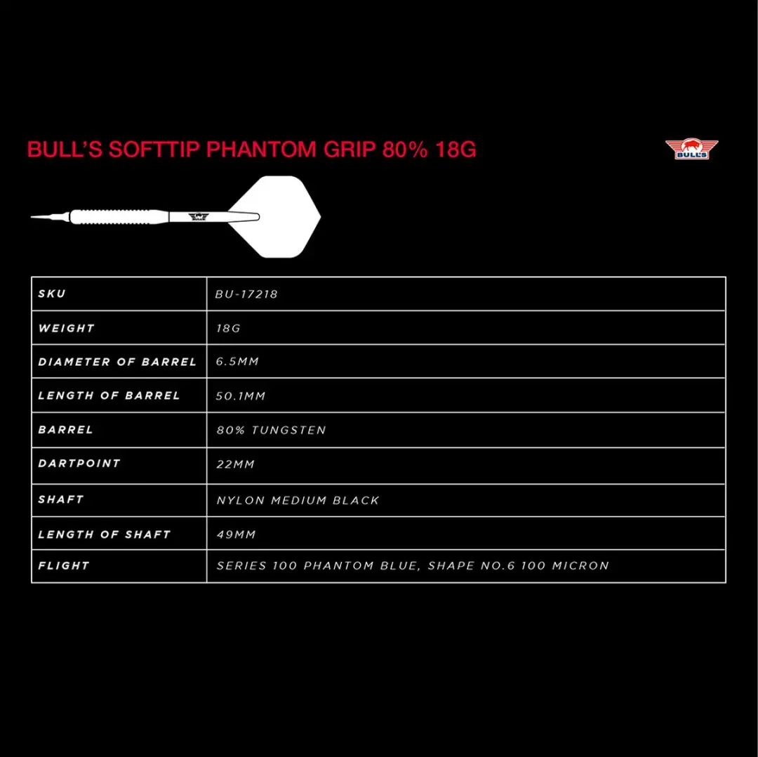Bull's Phantom Grip Softtip Dartpijlen 18g - 3 Stuks - Zilver/Blauw