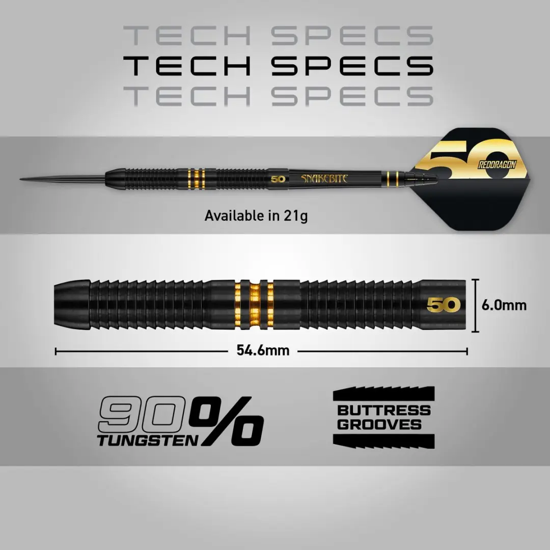 Red Dragon Peter Wright 50 Years Anniversary 90% Darts - 3 Stuks - Goud/Zwart - afbeelding 6 van 6