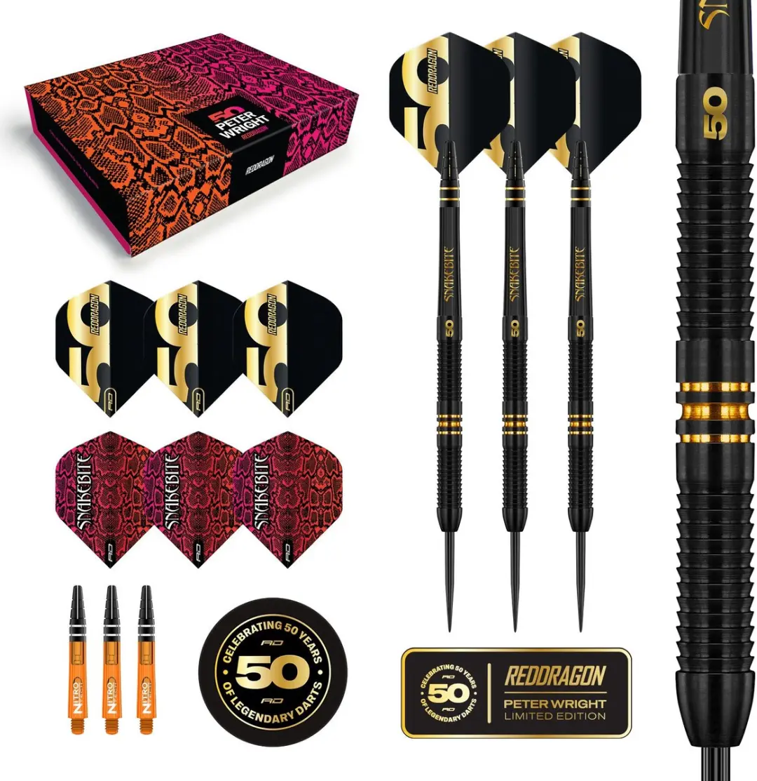Red Dragon Peter Wright 50 Years Anniversary 90% Darts - 3 Stuks - Goud/Zwart