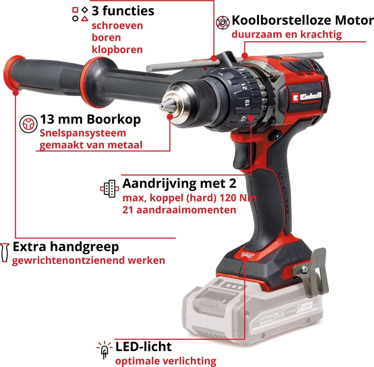 Einhell TP-CD 18/120 Li-i BL Klopboormachine - 18V - 120Nm - 2 Snelheden - Zwart/Rood