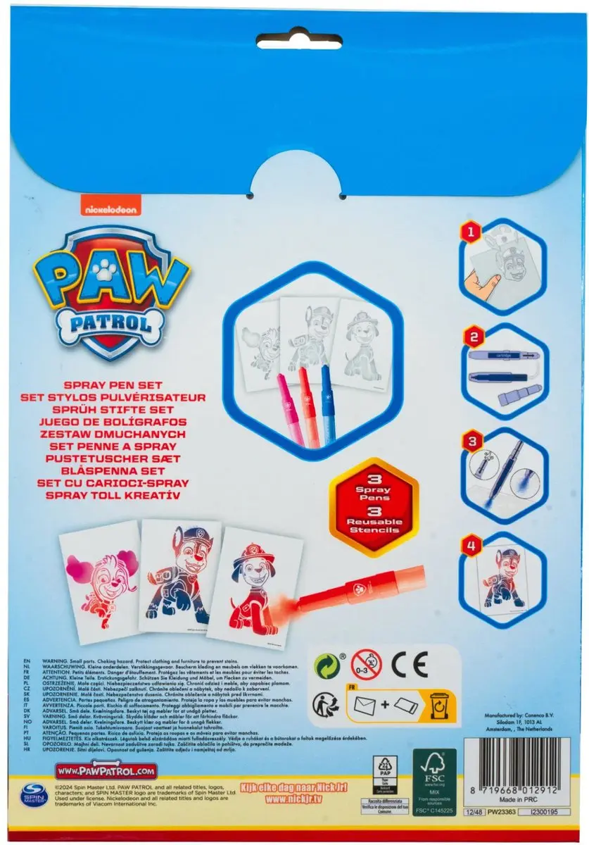 PAW Patrol Spray Pen Set PW23363 - 3 Pennen & Sjablonen - Meerkleurig