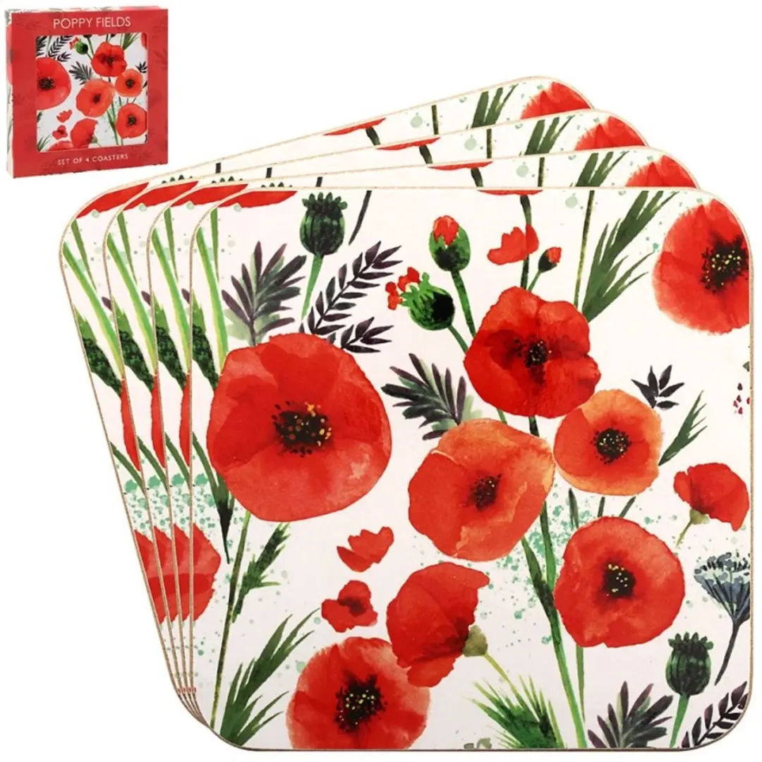 Leonardo Poppy Onderzetters - Set van 4 Stuks - Groen/Rood/Wit