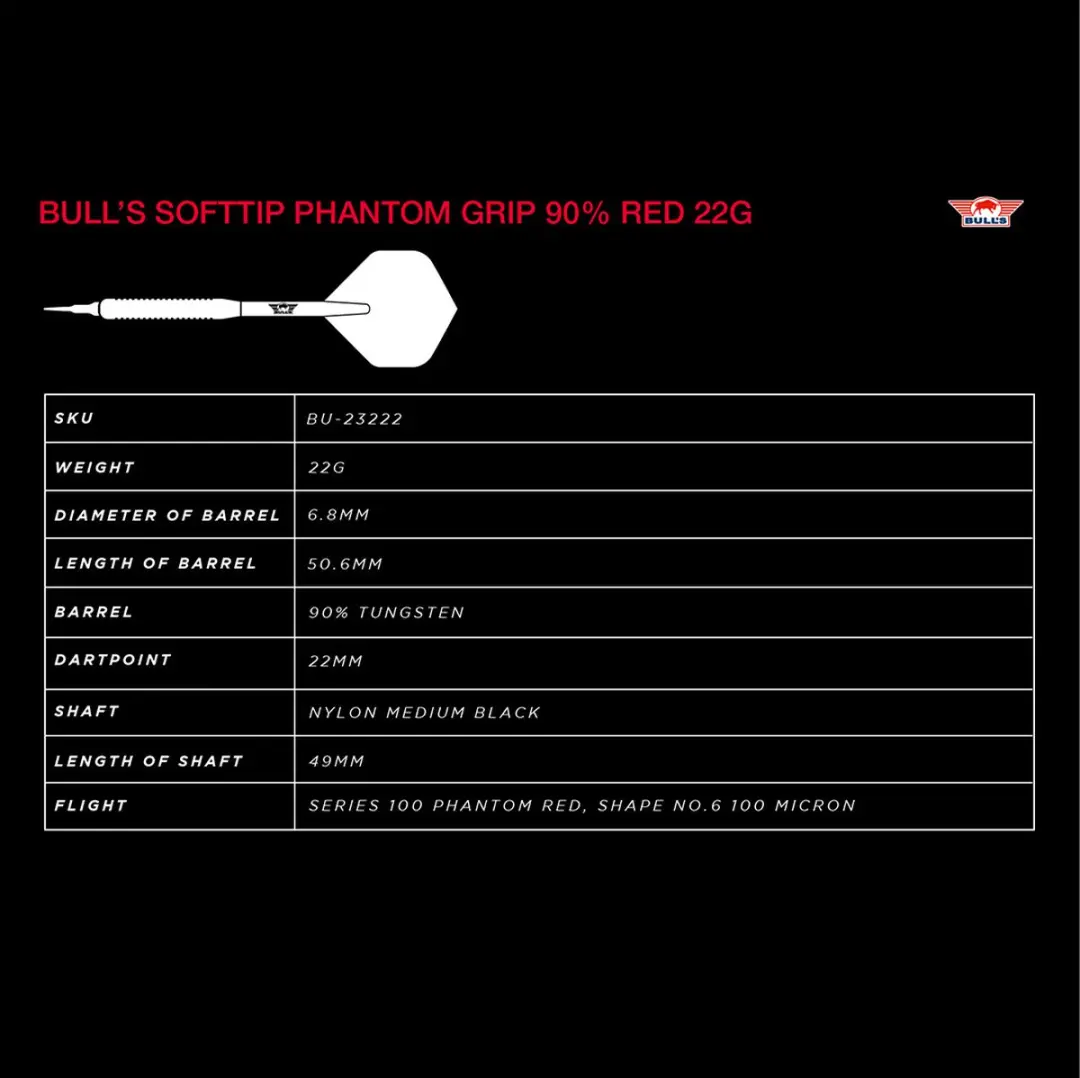 Bull's Phantom Grip Soft Tip Dartpijlen 90% Tungsten - Rood - 22g - 3 Stuks
