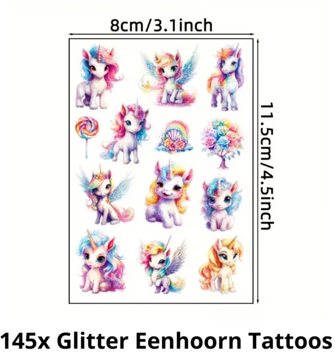 Unicorn Glitter Eenhoorn Tattoos - 145 Stuks - Meerdere kleuren