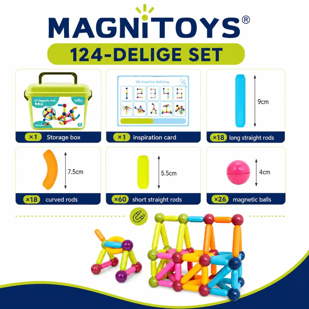MagniToys Magnetisch Constructiespeelgoed 124 Stuks - 3D Bouwset