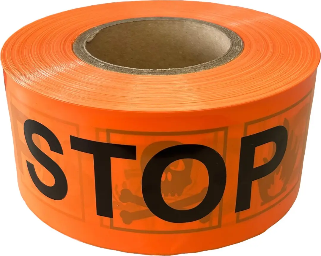 Kortpack Afzetlint 75mm x 250m - 60my - Oranje met STOP/Gevarentekens