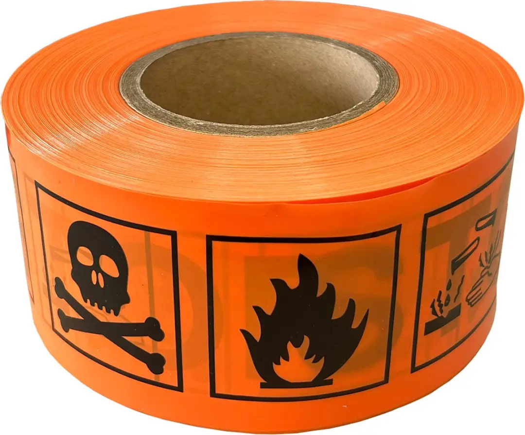 Kortpack Afzetlint 75mm x 250m - 60my - Oranje met STOP/Gevarentekens