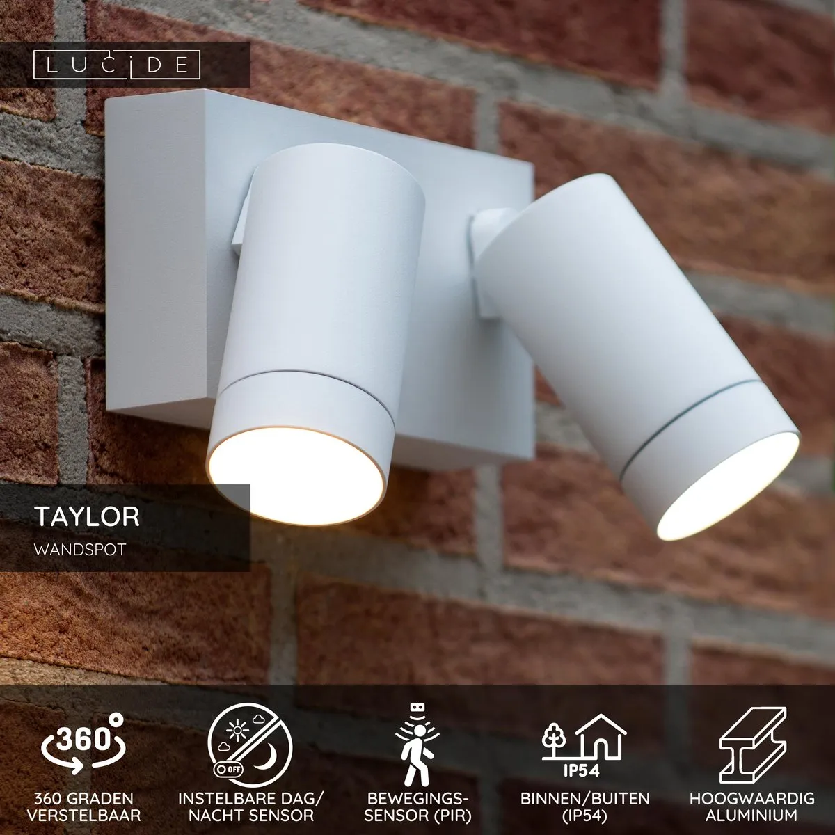 Lucide Taylor Wandspot 2xGU10 - IP54 Bewegingssensor Wit