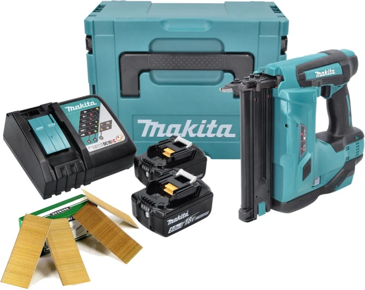 Makita DBN 500 RTJ Accu-Kramspijkermachine 18V - 2x 5Ah Accu + Oplader + Makpac