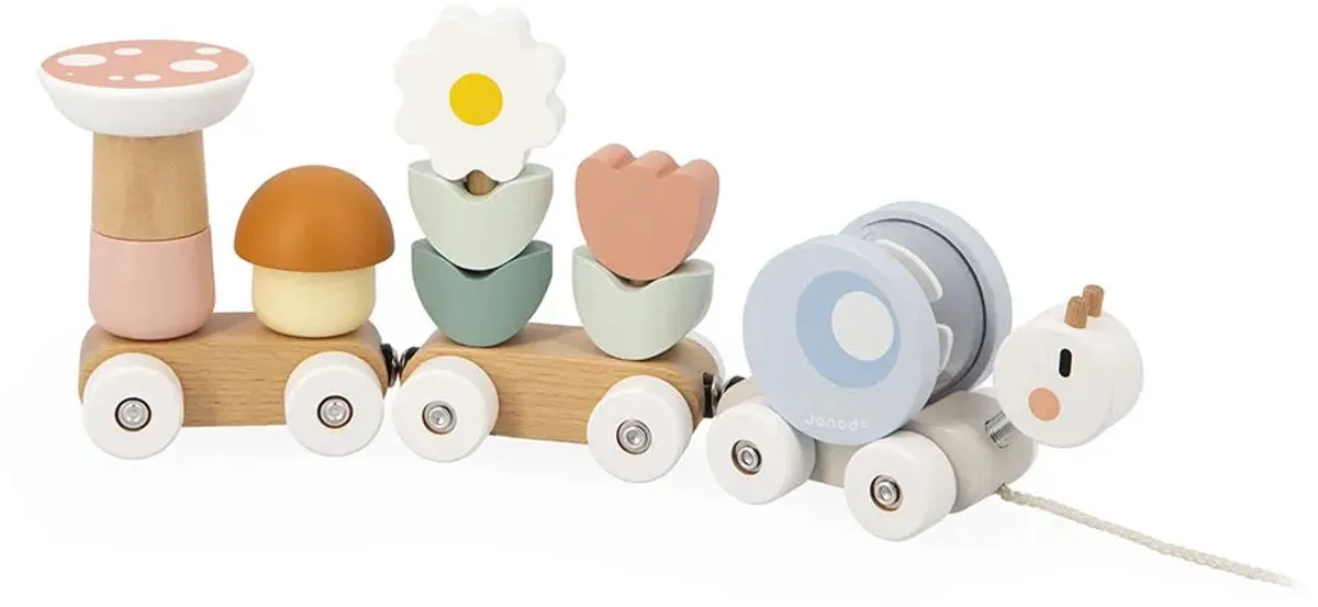 Janod Sweet Cocoon - Houten Slakken Trein - 2-In-1 Bouw-En-Trek Educatief Speelgoed - Ontdek Vormen En Kleuren - Ideaal Voor De Ontwikkeling Van De Motoriek Van De Allerkleinsten - Geschikt Vanaf 1 Jaar