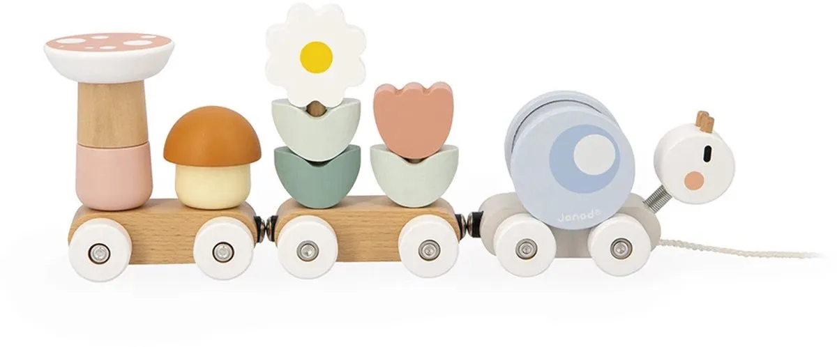 Janod Sweet Cocoon - Houten Slakken Trein - 2-In-1 Bouw-En-Trek Educatief Speelgoed - Ontdek Vormen En Kleuren - Ideaal Voor De Ontwikkeling Van De Motoriek Van De Allerkleinsten - Geschikt Vanaf 1 Jaar