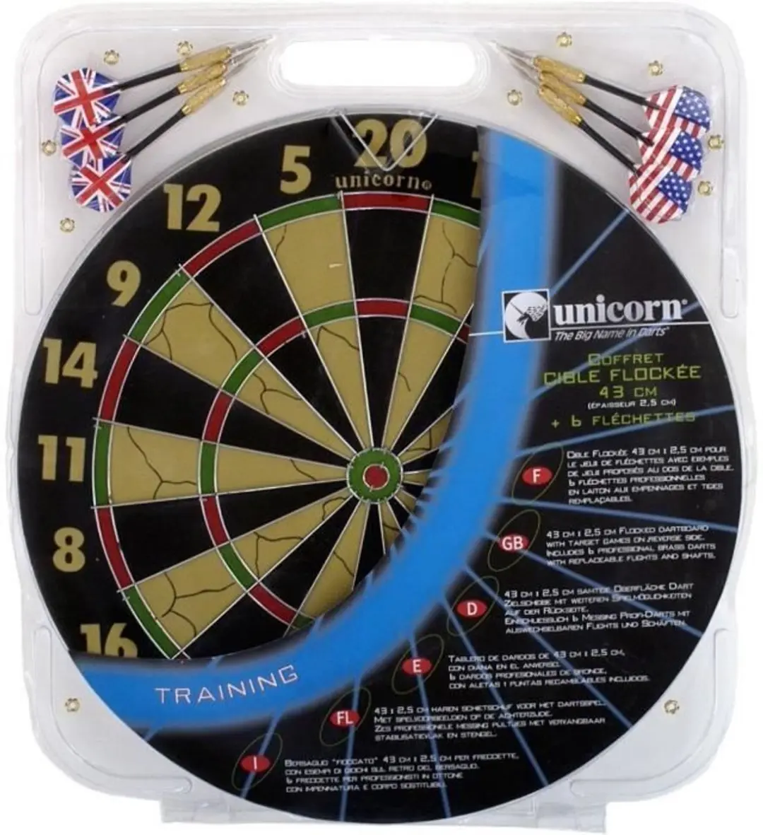 Unicorn Doeldoos Gevlokt 43cm met 6 Vleugel Darts