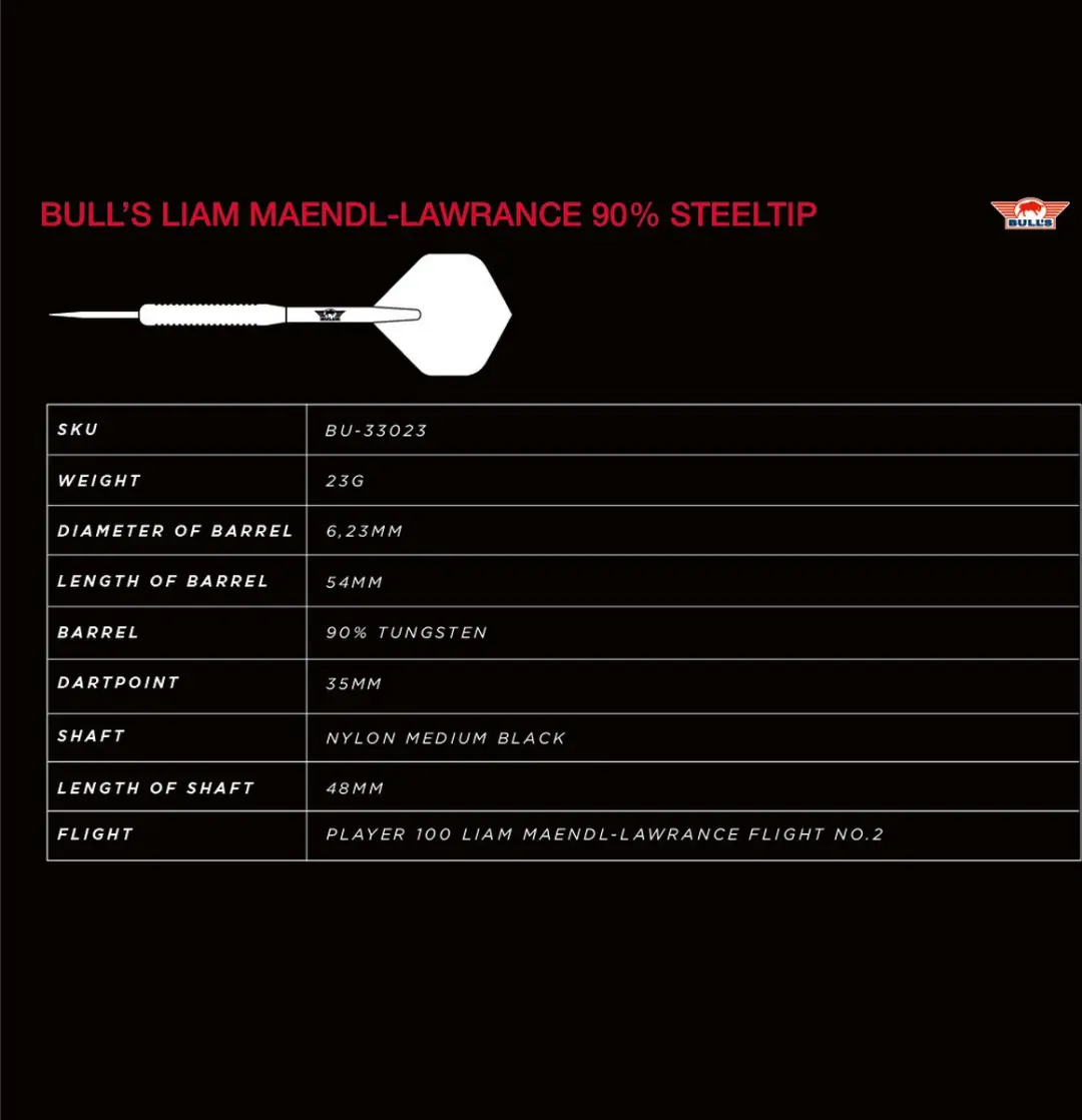 Bull's Liam Maendl Lawrance 90% Dartpijlen 23g - 3 Stuks - afbeelding 6 van 6