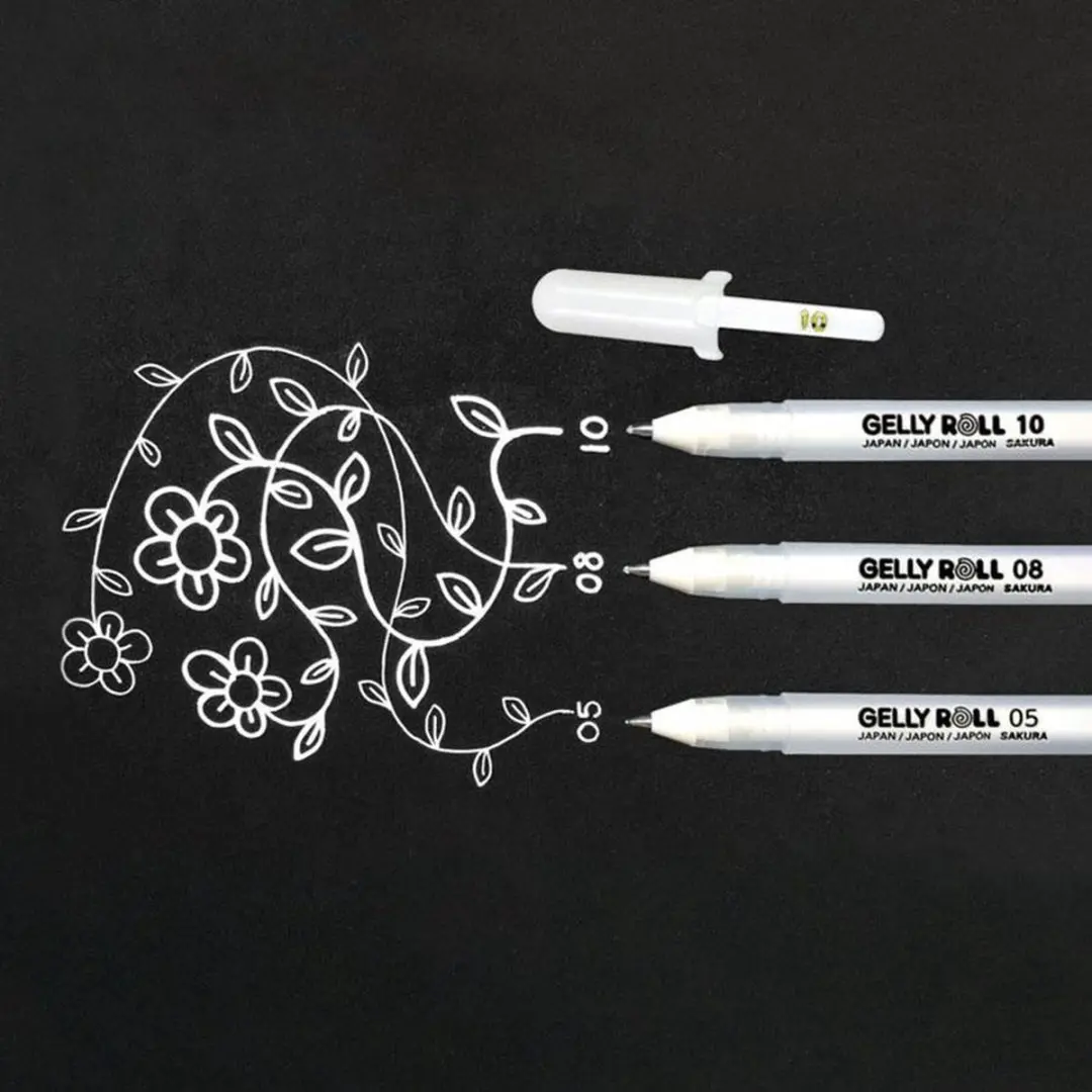 Sakura Black & White Canvas Set - 3x DIY Schilderij 21x14,8cm - 3x Gelly Roll Gelpennen Wit
