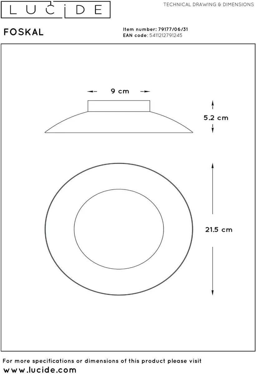 Lucide FOSKAL Plafondlamp Ø21,5cm - 6W Warm Wit